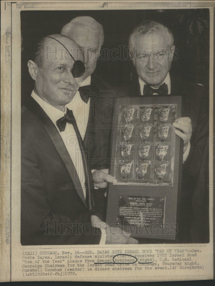 1972 Press Photo Moshe Dayan, Samuel Rothberg, Marshall Korshak - Historic Images