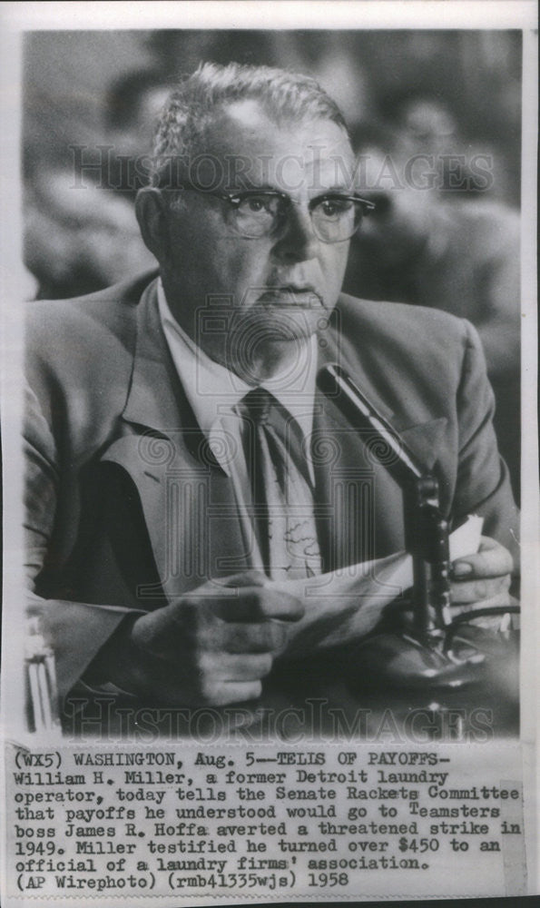 1958 Press Photo William H Miller testifies to Senate Rackets Committee - Historic Images