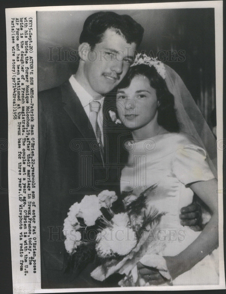 1958 Press Photo Patrick Sean O&#39;Brien and bride Monique Molochon - Historic Images