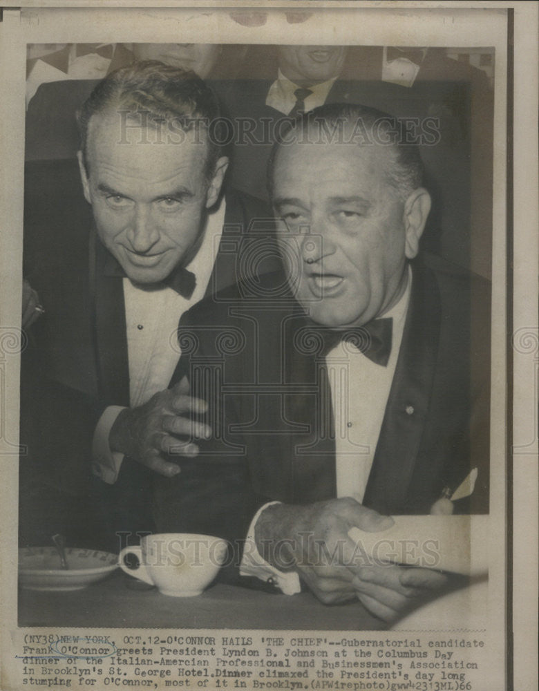 1966 Press Photo Frank O&#39;Connor, President Lyndon B. Johnson Columbus Day Dinner - Historic Images