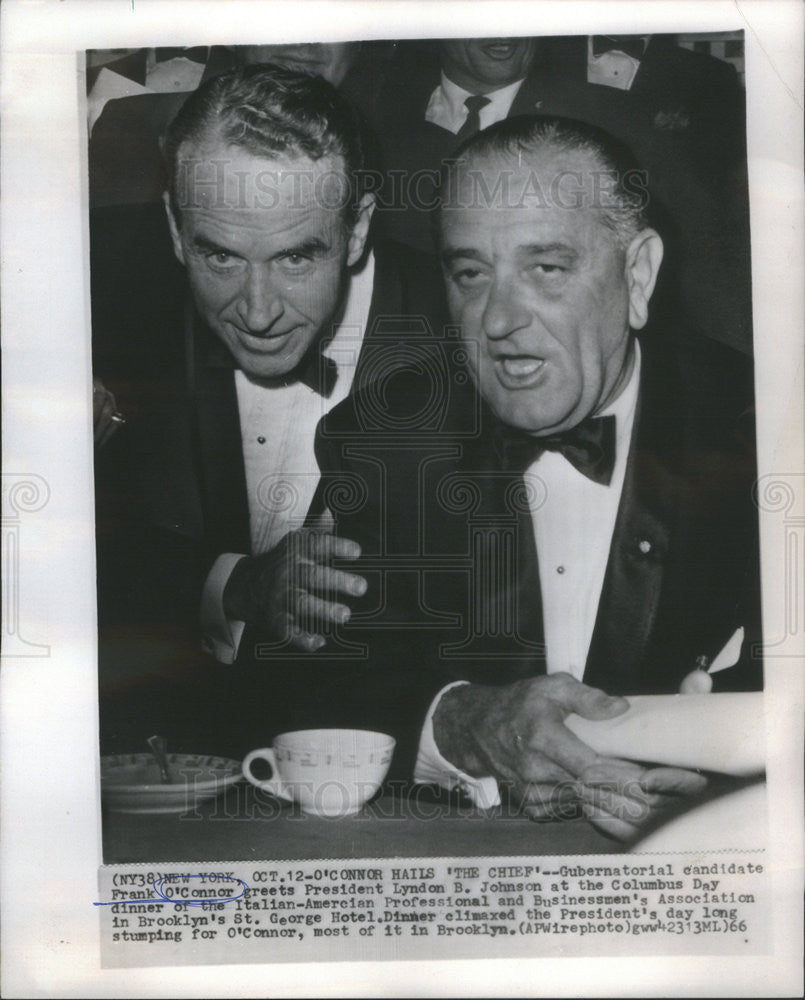 1966 Press Photo Frank O&#39;Connor President Lyndon B. Johnson Columbus Day Dinner - Historic Images