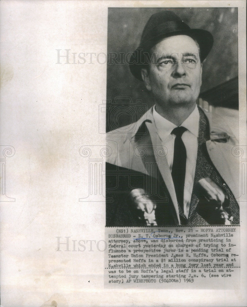 1963 Press Photo ZT Osborne Jr Prominent Nashville Attorney, Hoffa&#39;s Attorney - Historic Images