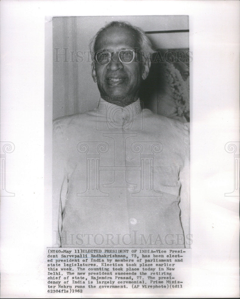 1962 Press Photo Vice President Sarvepalli Radhakrishnan India Elected - Historic Images