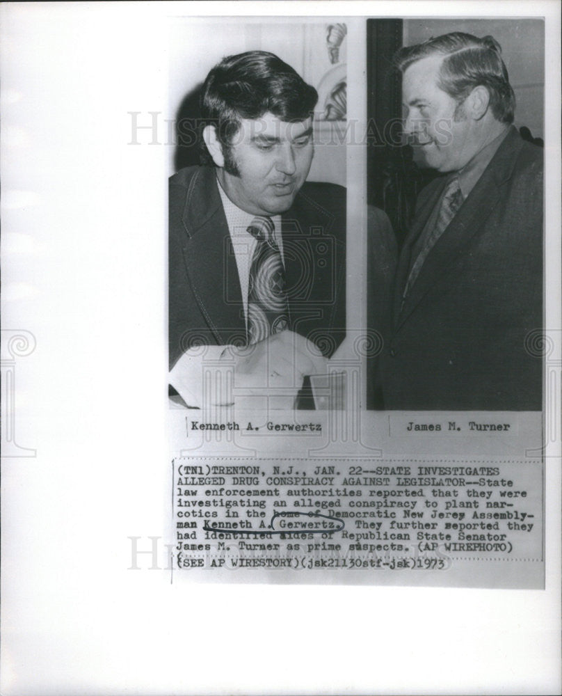 1973 Press Photo Assemblyman Kenneth Gerwertz Sen. James Turner Drug Conspiracy - Historic Images