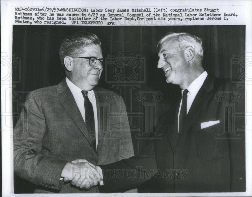 1959 Press Photo Labor Secretary James Mitchell Congratulates Stuart Rothman - Historic Images