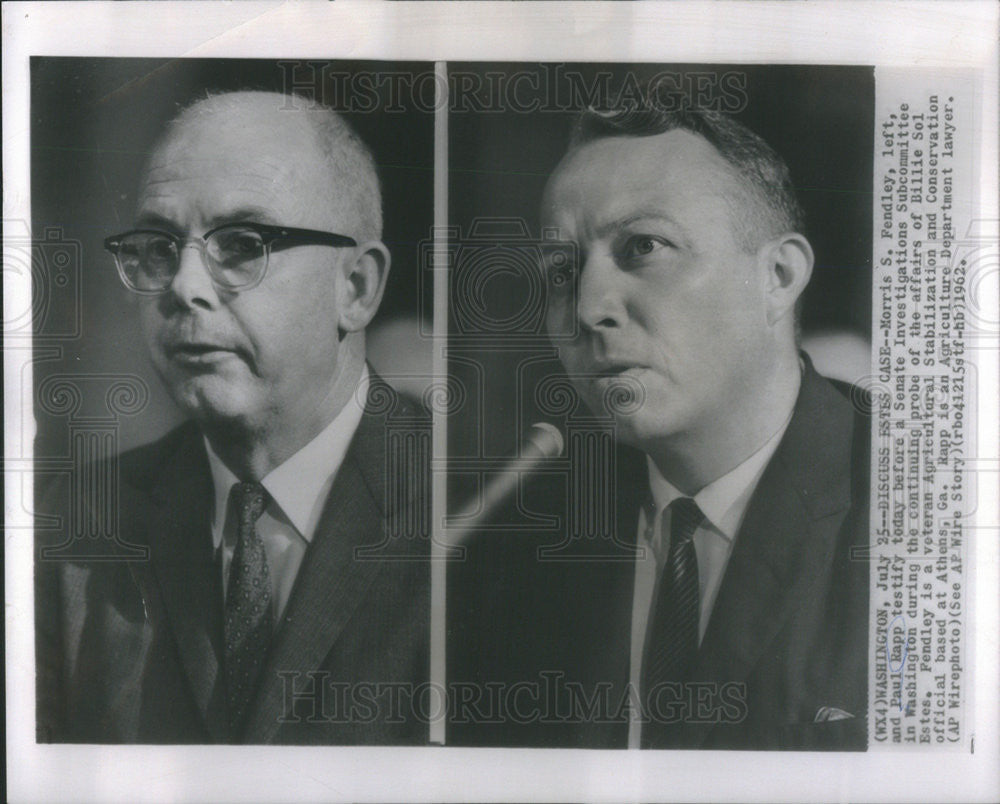 1962 Press Photo Morris Fendley Paul Rapp Testify Senate Investigation - Historic Images