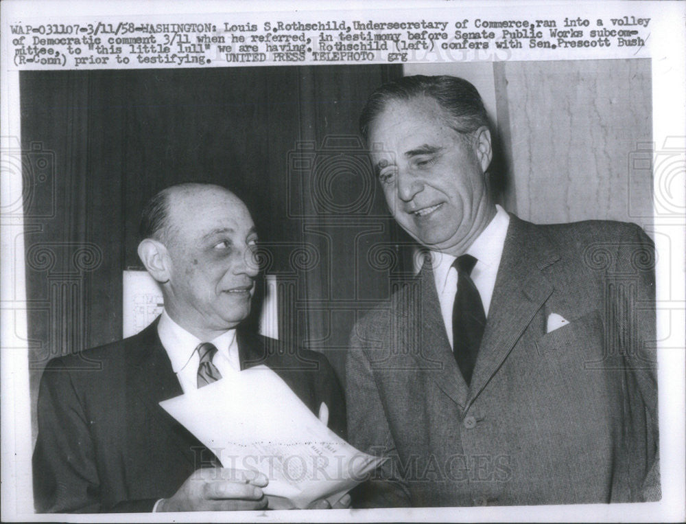 1958 Press Photo Louis Rothschild, Undersecretary of Commerce and Sen. P. Bush - Historic Images