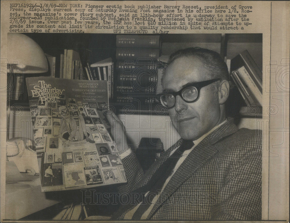 1969 Press Photo Pioneer Erotic Book Publisher Barney Rosset In New York Office - Historic Images