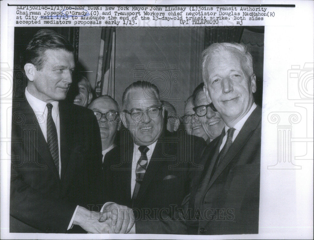 1966 Press Photo NY Mayor John Lindsay,Joe O&#39;Grady and Douglas MacMahon - Historic Images