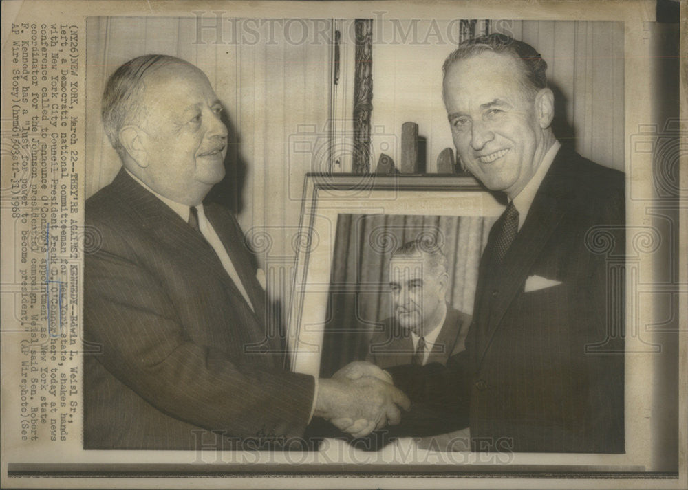 1968 Press Photo Edwin L. Wiesl Sr., Democratic National Committeeman for NY - Historic Images