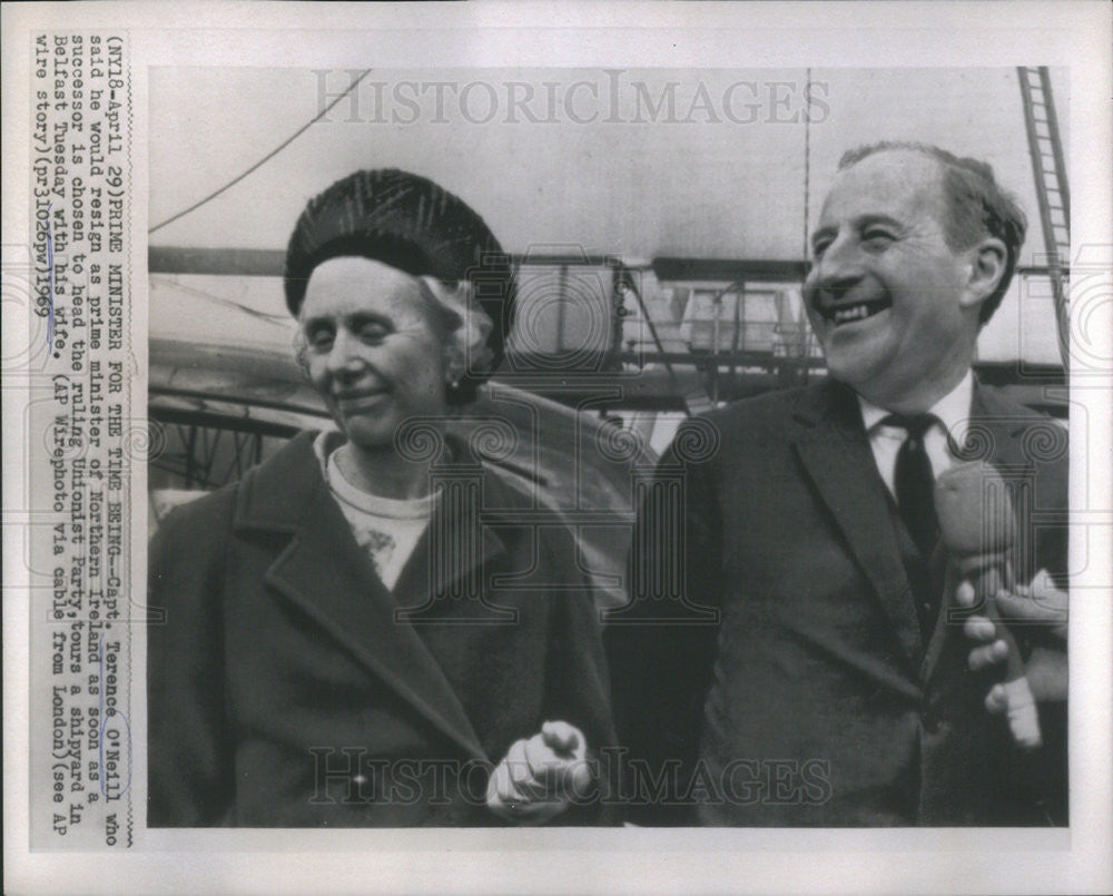 1969 Press Photo Capt. Terrence O'Neill & wife will resign as Prime Minister - Historic Images