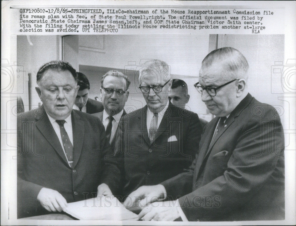 1965 Press Photo Sec of State Paul Powell, Dem State Chmn Ronan &amp; GOP Chmn Smith - Historic Images