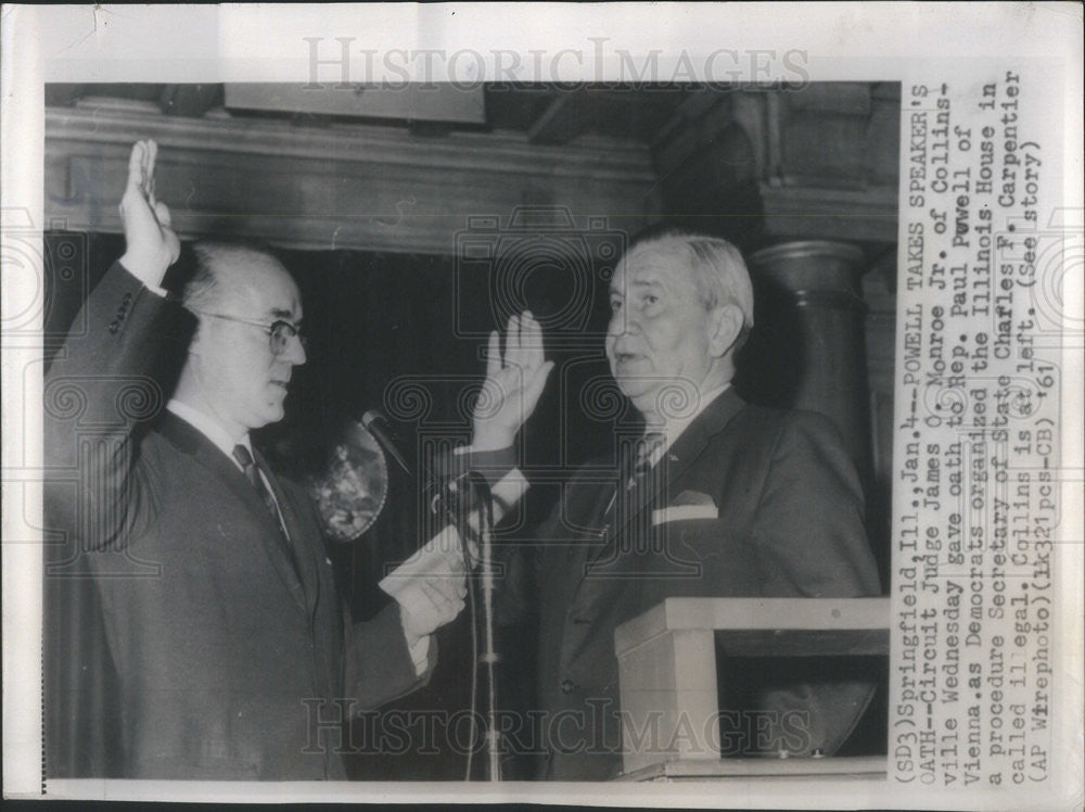 1961 Press Photo Judge James O Monroe Jr Oath Rep Paul Powell - Historic Images