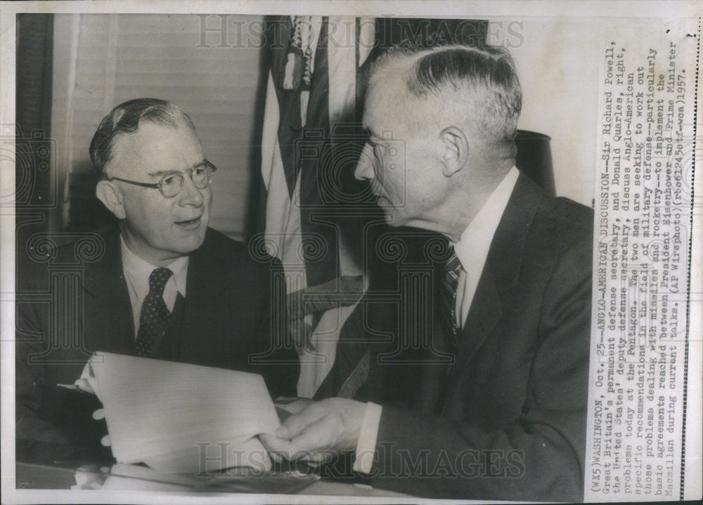 1957 Press Photo Sir Richard Powell Great Britain Defense Sec Donald Quarles US - Historic Images