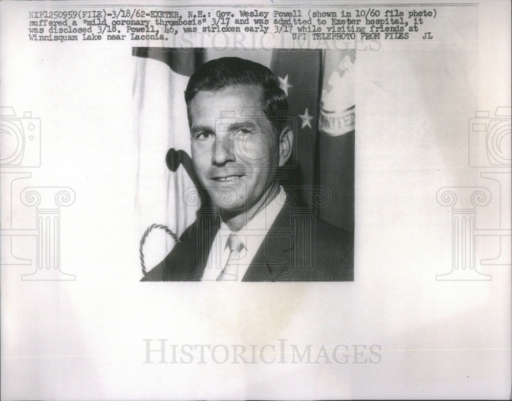 1962 Press Photo Gov. Wesley Powell Suffered a Mild Coronary Thrombosis - Historic Images