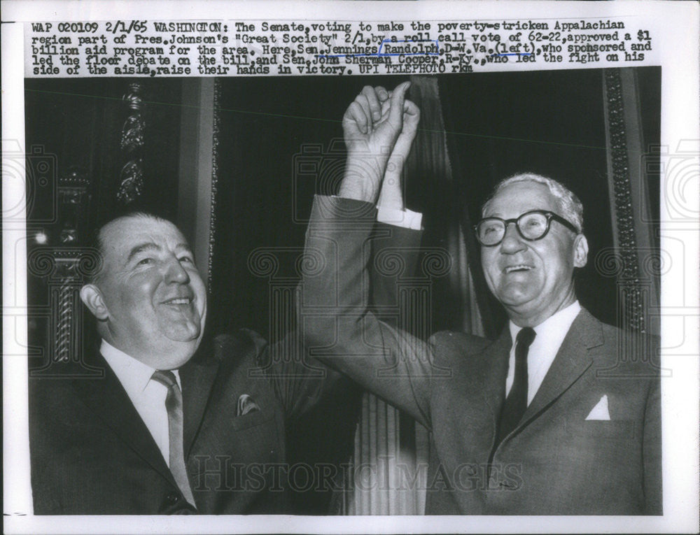 1965 Press Photo Senators Sherman Cooper &amp; Jennings Randolph Celebrate Victory - Historic Images