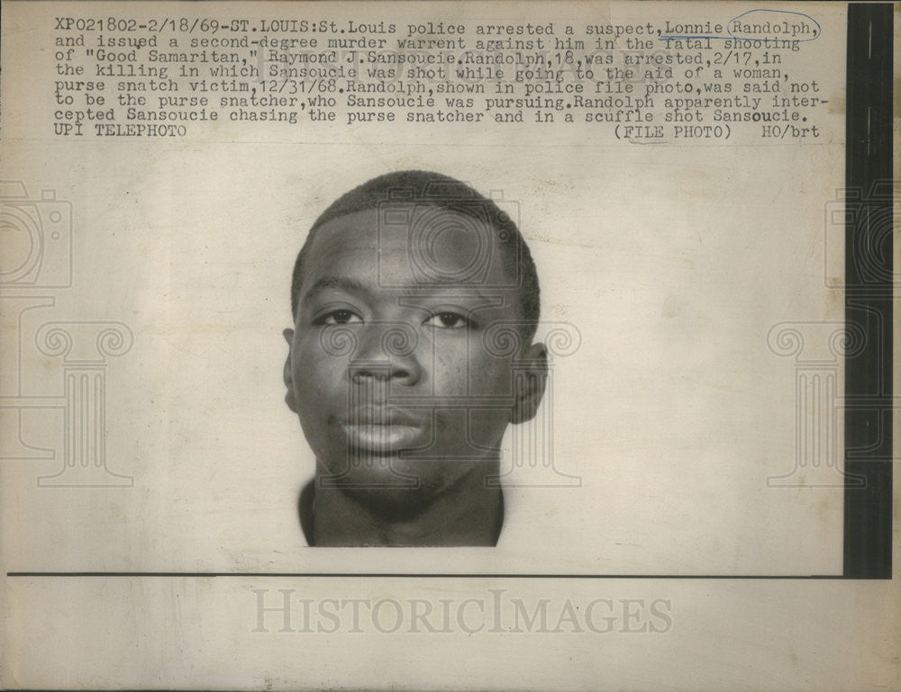 1969 Press Photo Lonnie Randolph Arrested For Murder Of Raymond Sansoucie - Historic Images