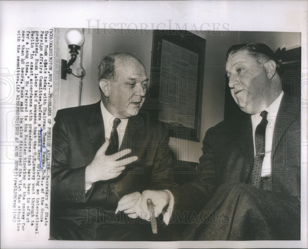 1963 Press Photo Secretary State Dean Rusk Chairman Thomas Morgan Washington - Historic Images