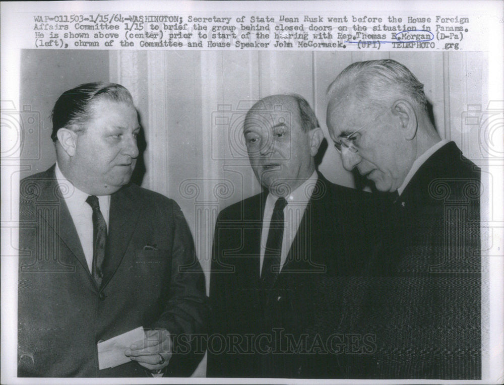 1964 Press Photo Secretary State Dean Rusk Rep. Thomas Morgan John McCormick - Historic Images