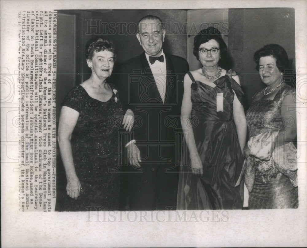 Undated Press Photo President Johnson Poses with Mrs. India Edwards Miss Rose McKee - Historic Images