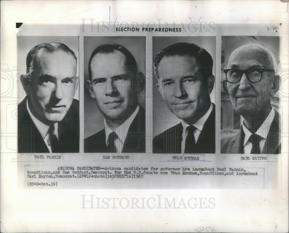 1962 Press Photo Arizona Governor Candidate Paul Fannin Sam Goddard - Historic Images