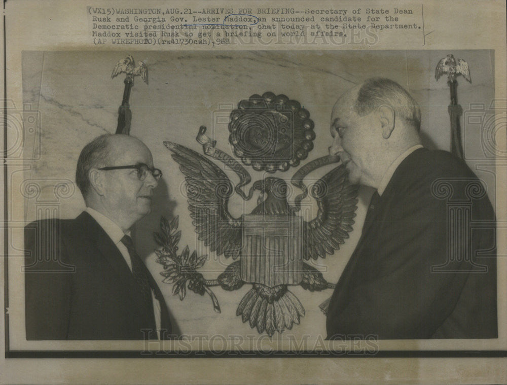 1968 Press Photo Secretary State Dean Rusk Georgia Governor Lester Maddox Chat - Historic Images