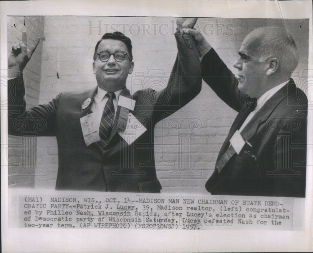 1957 Press Photo Patrick Lucey congratulated by Philleo Nash after elected chairman - Historic Images