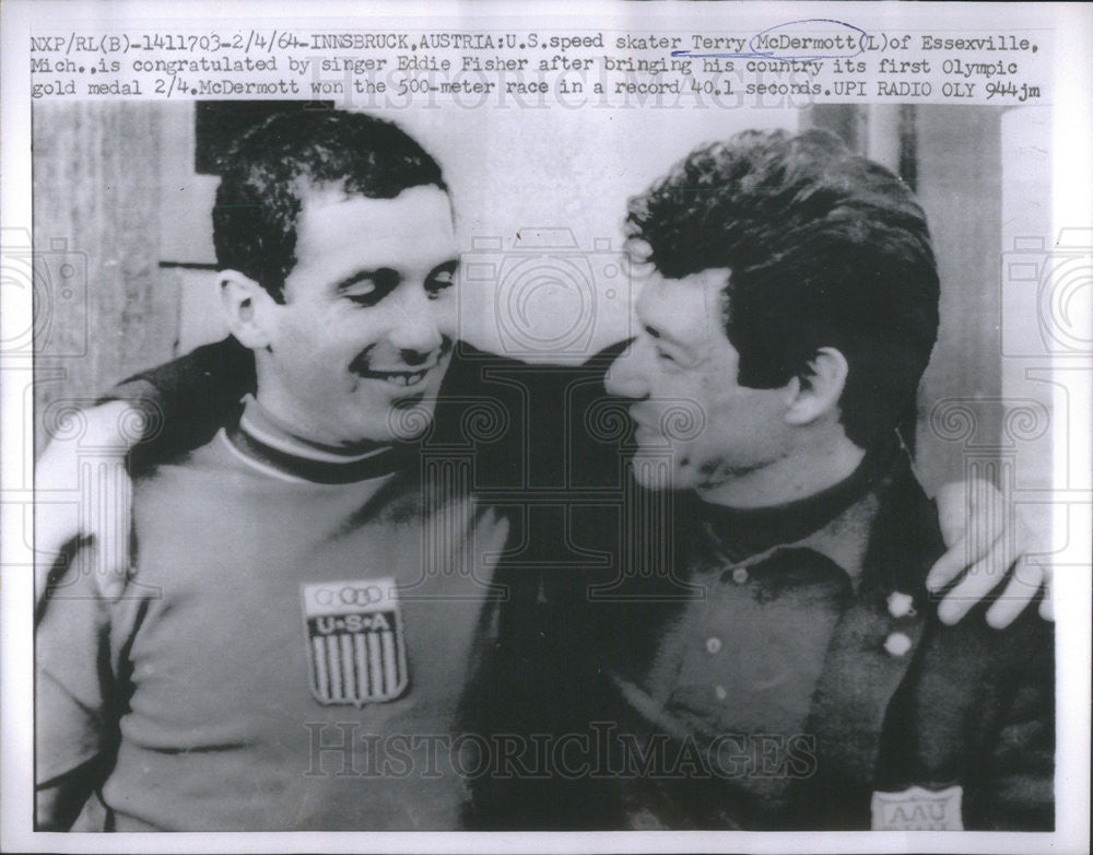 1964 Press Photo U.S. Speed Skater Terry McDermott of Essexville Congratulated - Historic Images