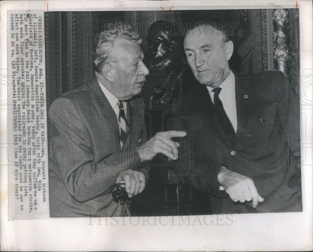 1963 Press Photo Sen Everett Dirksen w/ Sen Republican leader Mike Mansfield - Historic Images