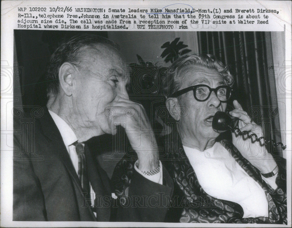 1966 Press Photo Senate leaders Mike Mansdield &amp; Everet Dirksen on the telephone - Historic Images