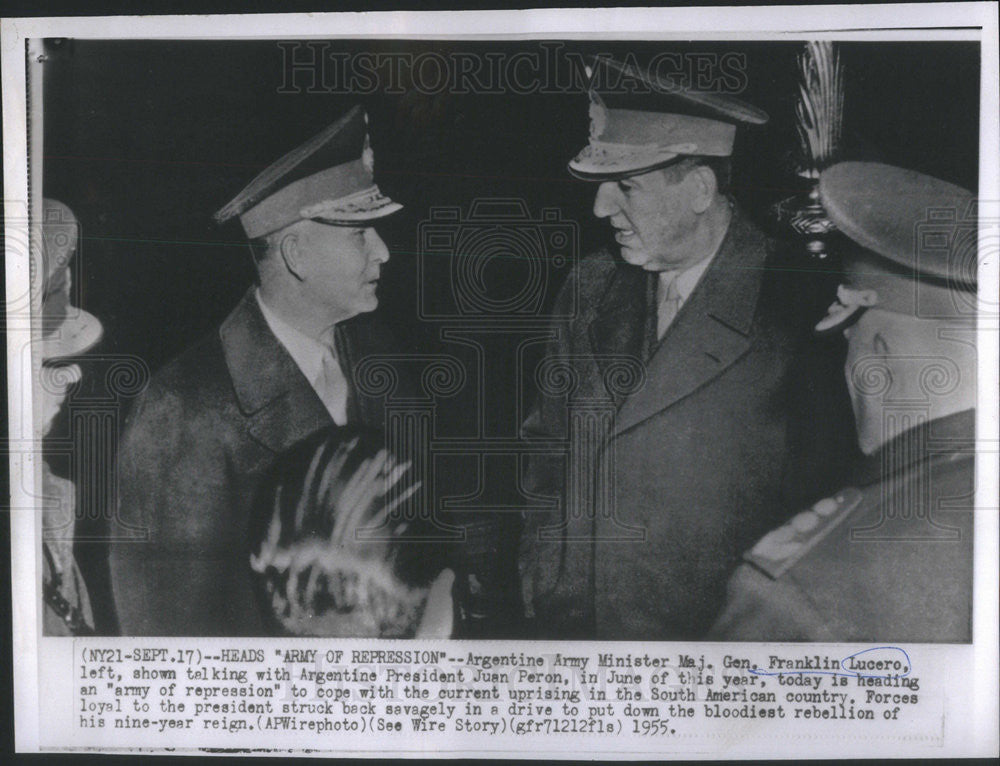 1955 Press Photo Argentine Army Minister Maj. Gen. Franklin Lucero - Historic Images