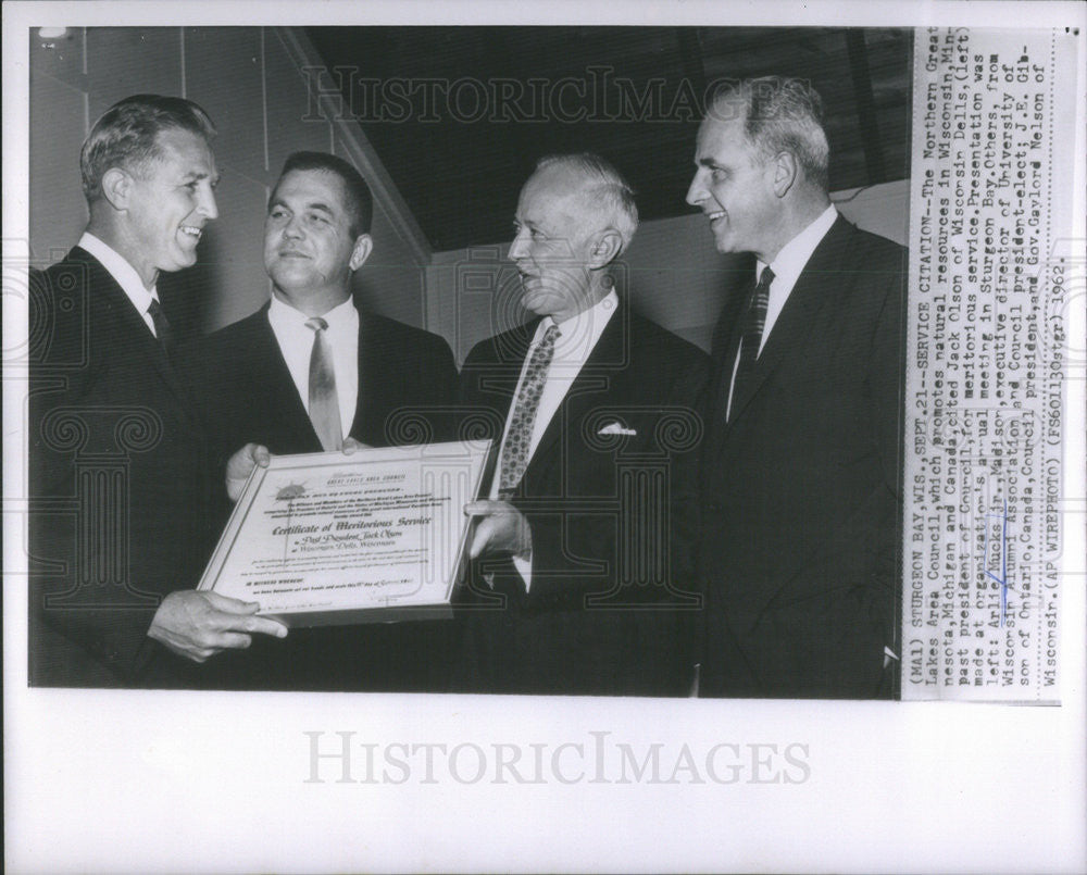 1962 Press Photo Jack Olson Arlie Mucks Jr. J.E. Gibson Governor Gaylord Nelson - Historic Images