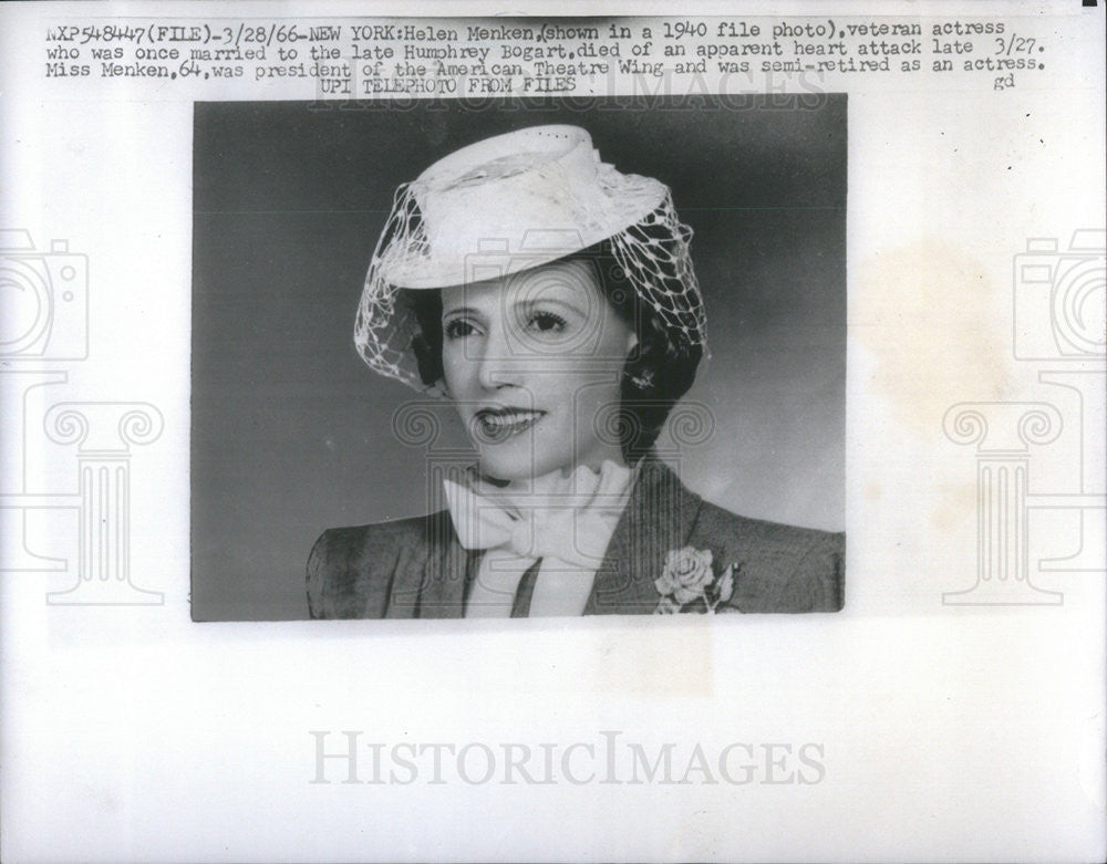 1966 Press Photo Actress Helen Menken President Of American Theater Wing Death - Historic Images