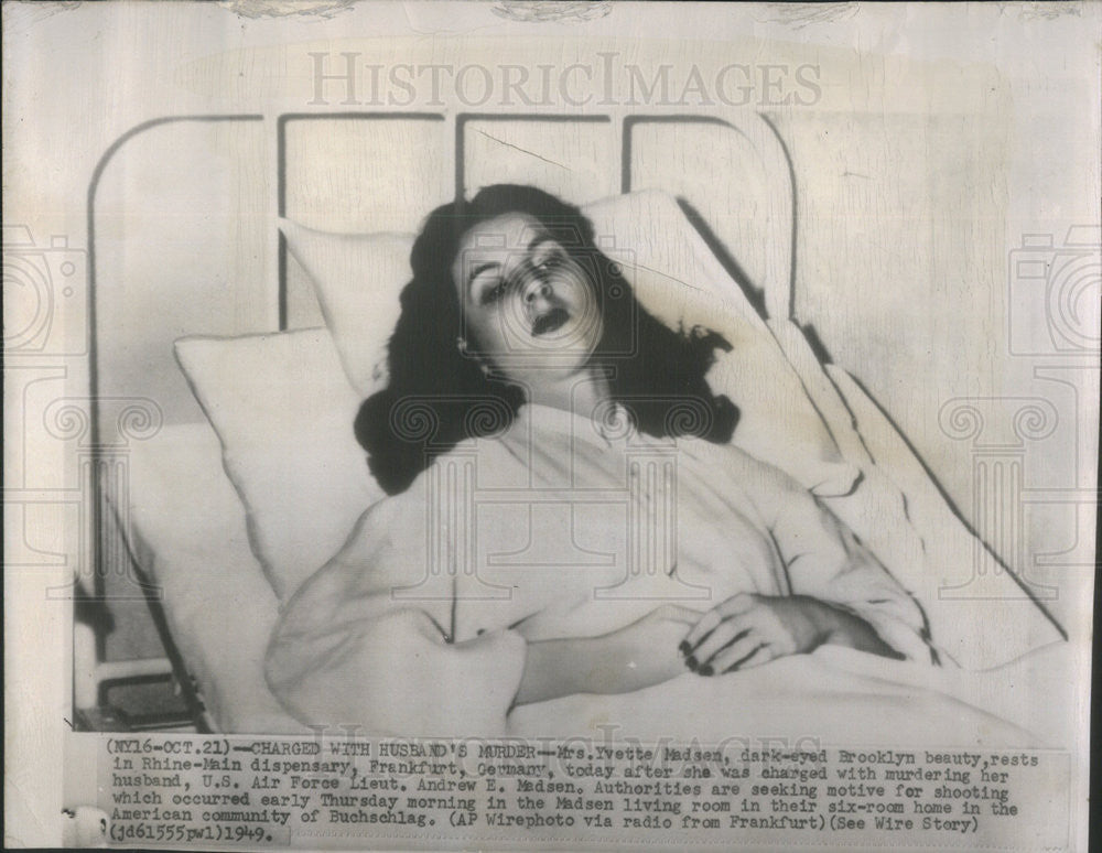 1949 Press Photo Mrs. Yvette Madsen Charged Murdering Husband U.S Airforce Lieut - Historic Images