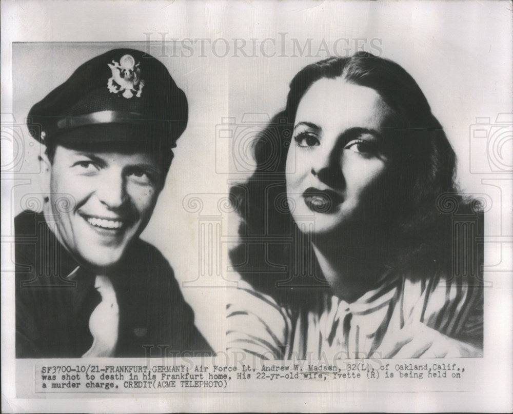 1949 Press Photo Air Force Lieutenant Andrew Madsen Wife Yvette Portraits - Historic Images