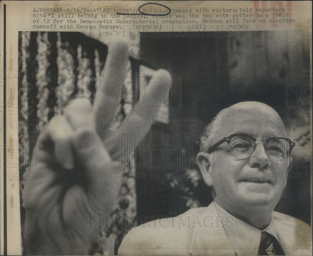 1974 Press Photo Lester Maddox After Winning Democratic Gubernatorial Nomination - Historic Images