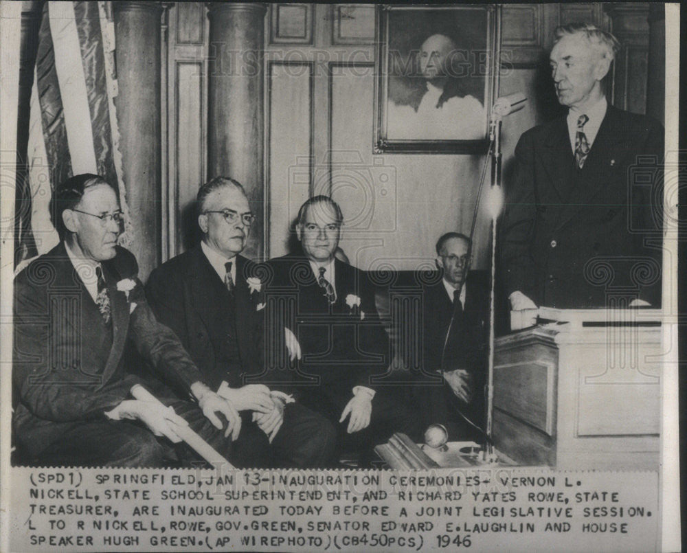 1946 Press Photo Vernon Nickell, Richard Yates Rowe, Gov Green Sen Laughlin - Historic Images