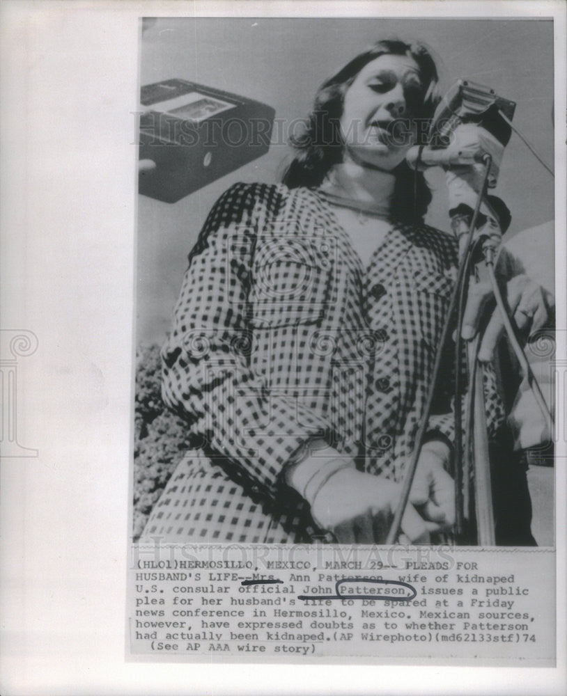 1974 Press Photo Mrs Patterson Pleads for Kidnapped Husband, John Patterson - Historic Images