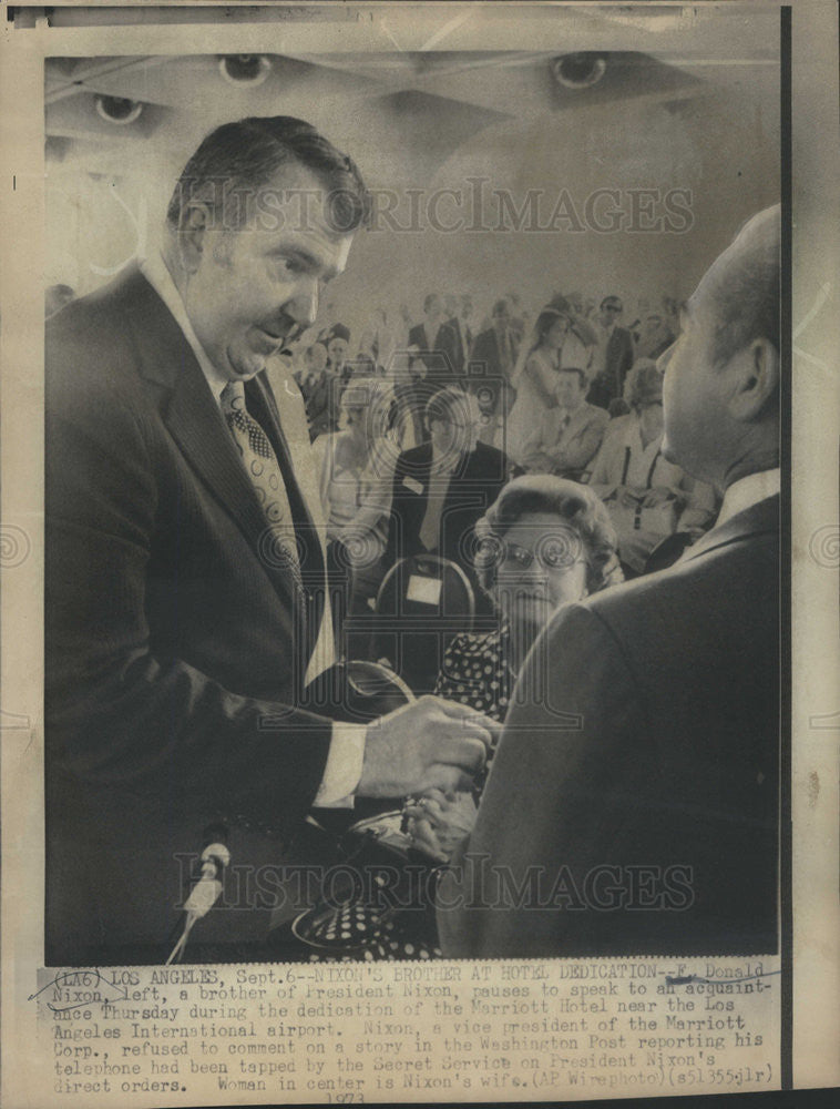 1973 Press Photo Donald Nixon, Sen Richard Nixons Brother, at Hotel Dedication - Historic Images