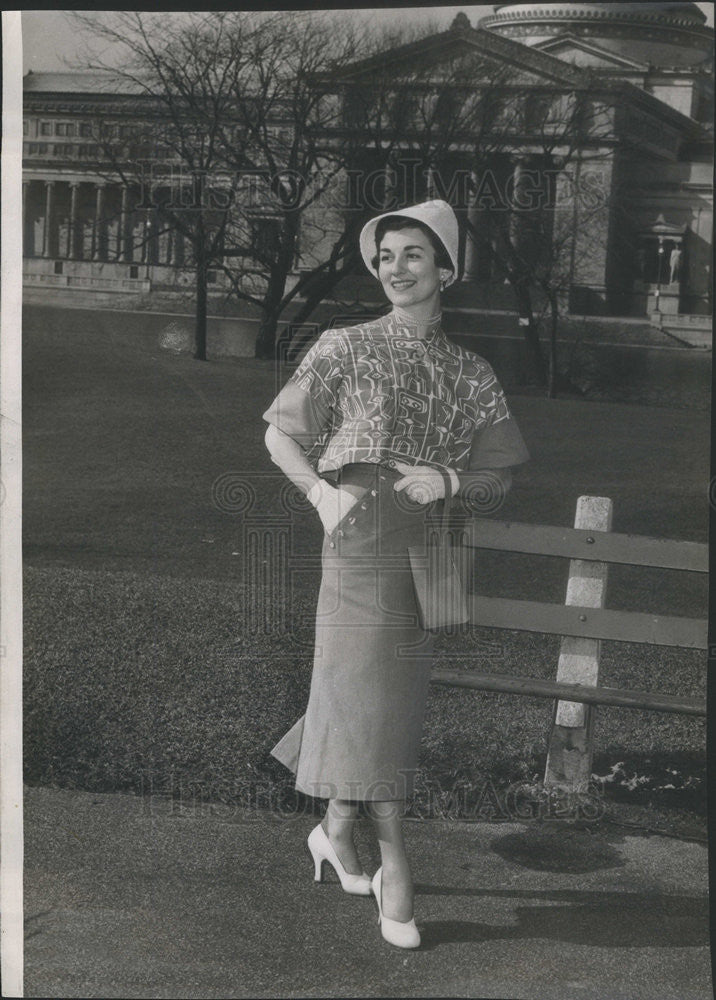 1950 Press Photo Kay Nicosia fashion model dress manufacturer - Historic Images