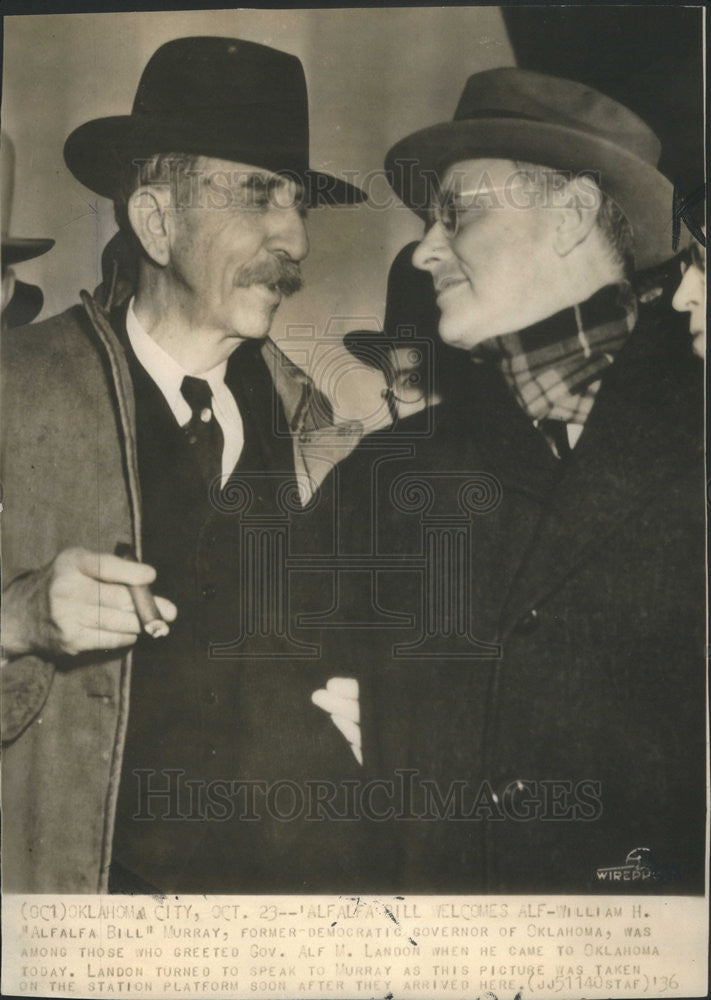 1936 Press Photo Wm H Murray Greeted Gov Alf M Landon In Oklahoma City - Historic Images