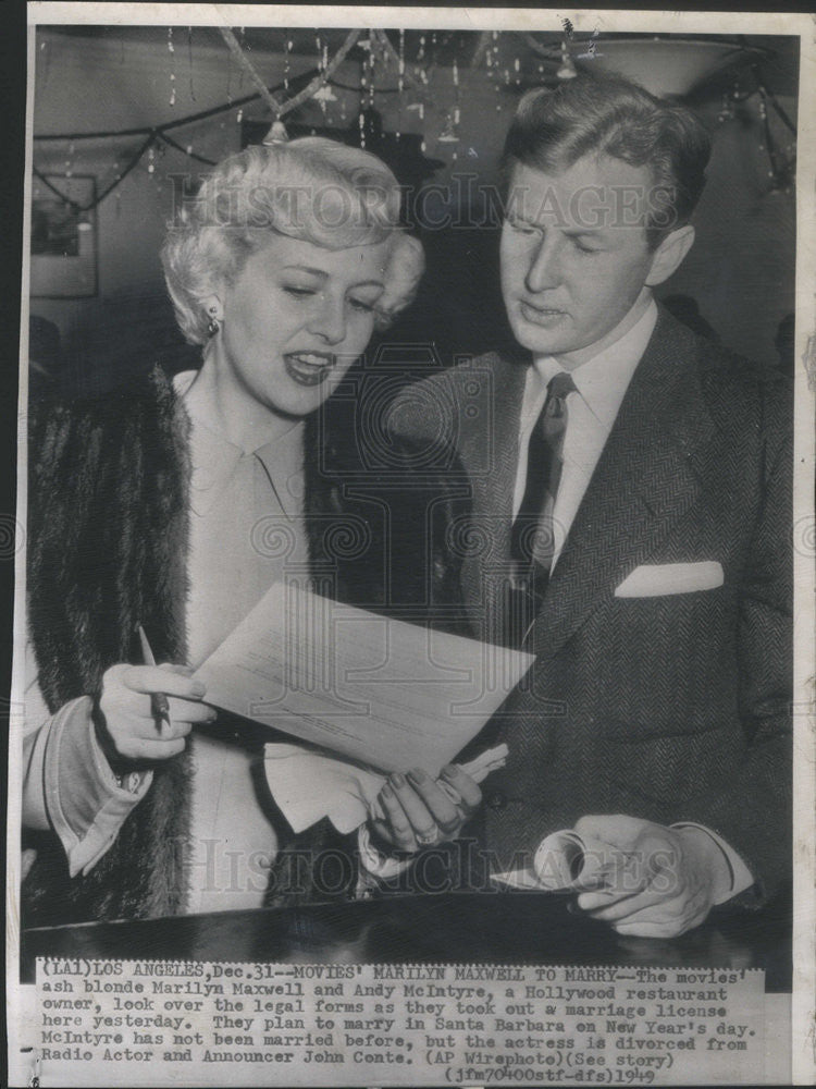 1949 Press Photo Actress Marilyn Maxwell Restaurateur Andy McIntyre Marriage - Historic Images