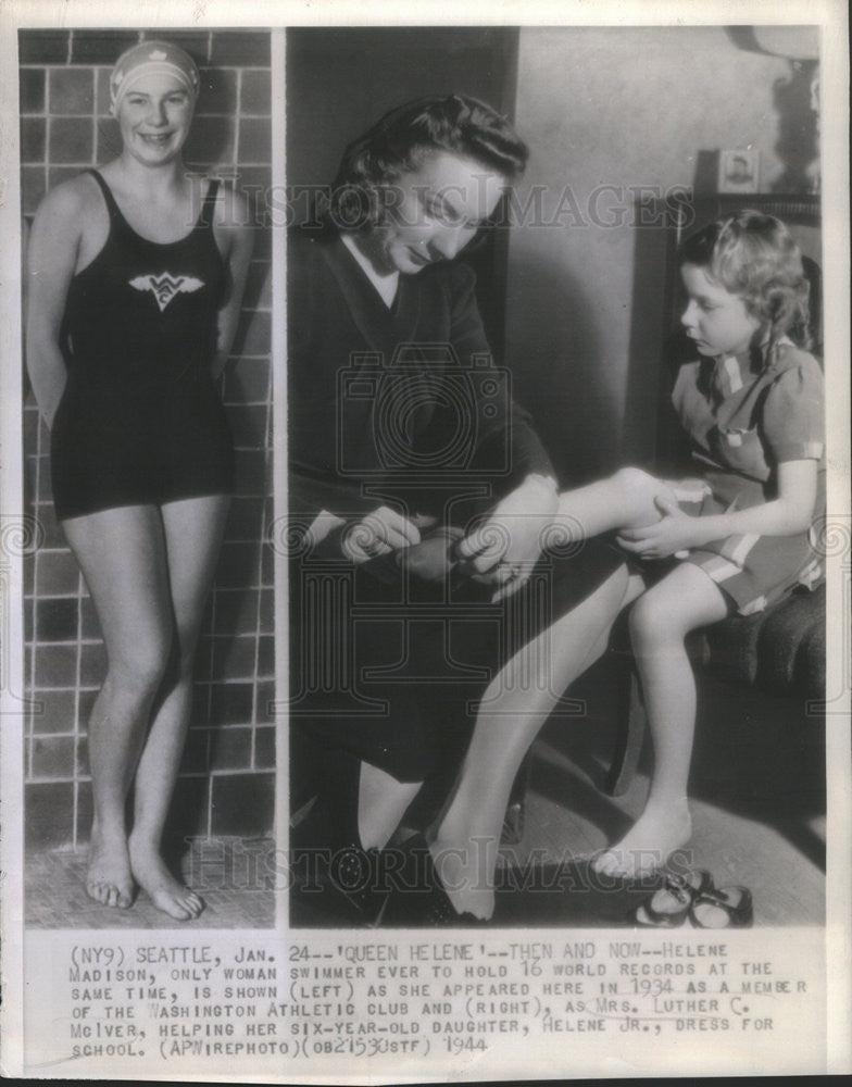 1944 Press Photo Swimmer Helene Madison In 1934 &amp; Now With Daughter Helene Jr. - Historic Images