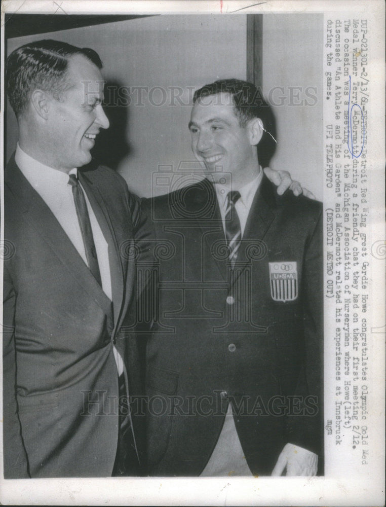 1964 Press Photo Gordie Howe Congratulates Gold Winner Terry McDermott - Historic Images