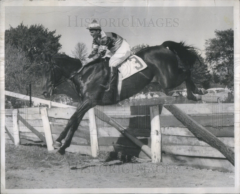 1949 Press Photo A.D. plamodon III on Bayberry takes hurdle - Historic Images