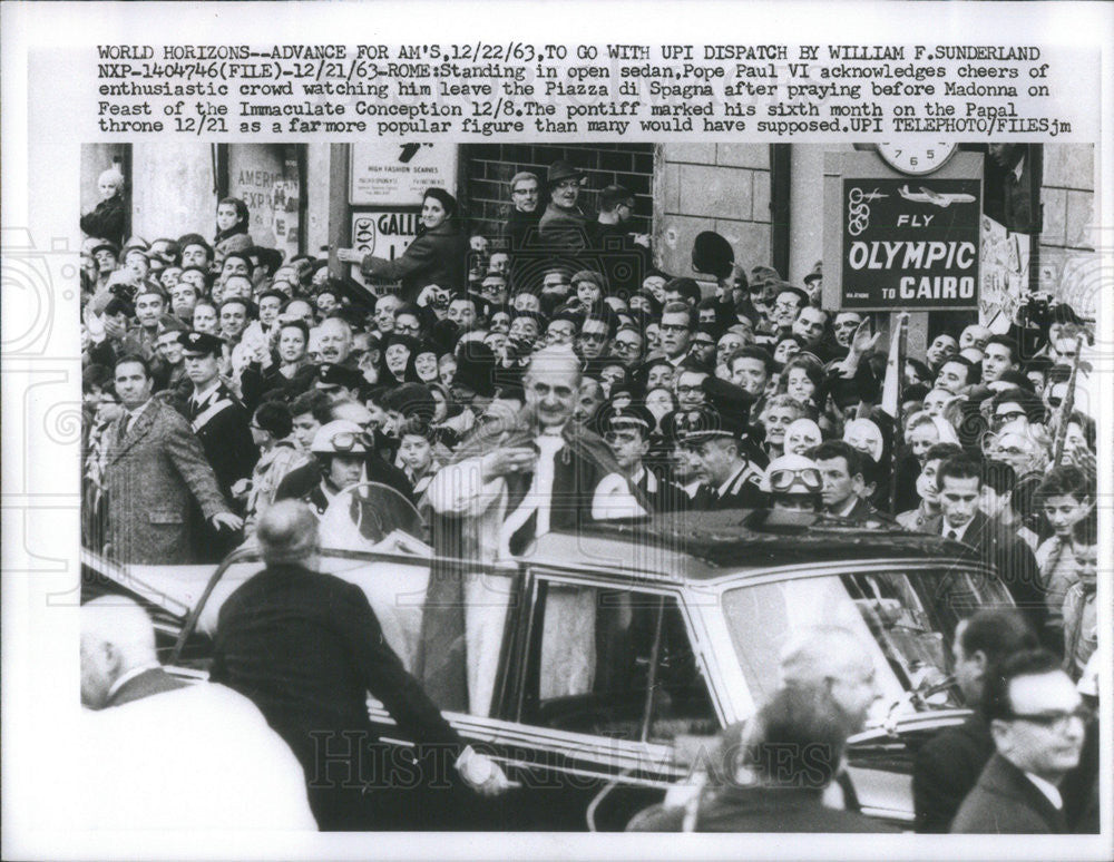 1963 Press Photo Pope Paul VI leaving the Piazza di Spagra in Rome - Historic Images