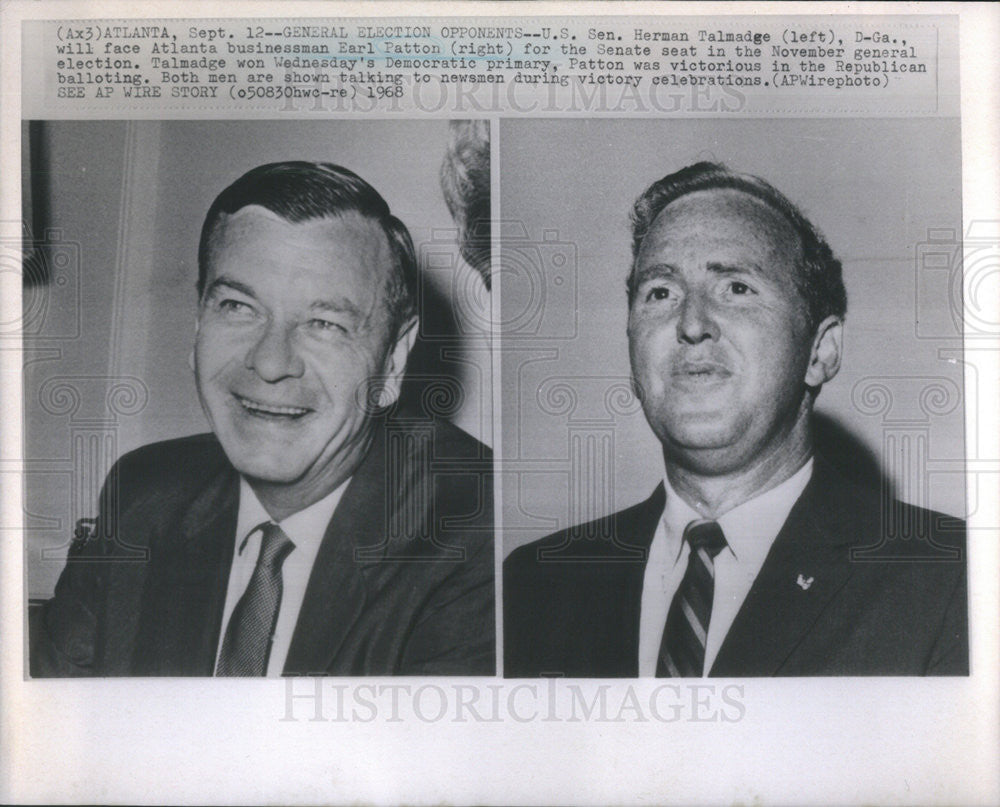 1968 Press Photo Senator Candidates Herman Talmadge Earl Patton Portraits - Historic Images