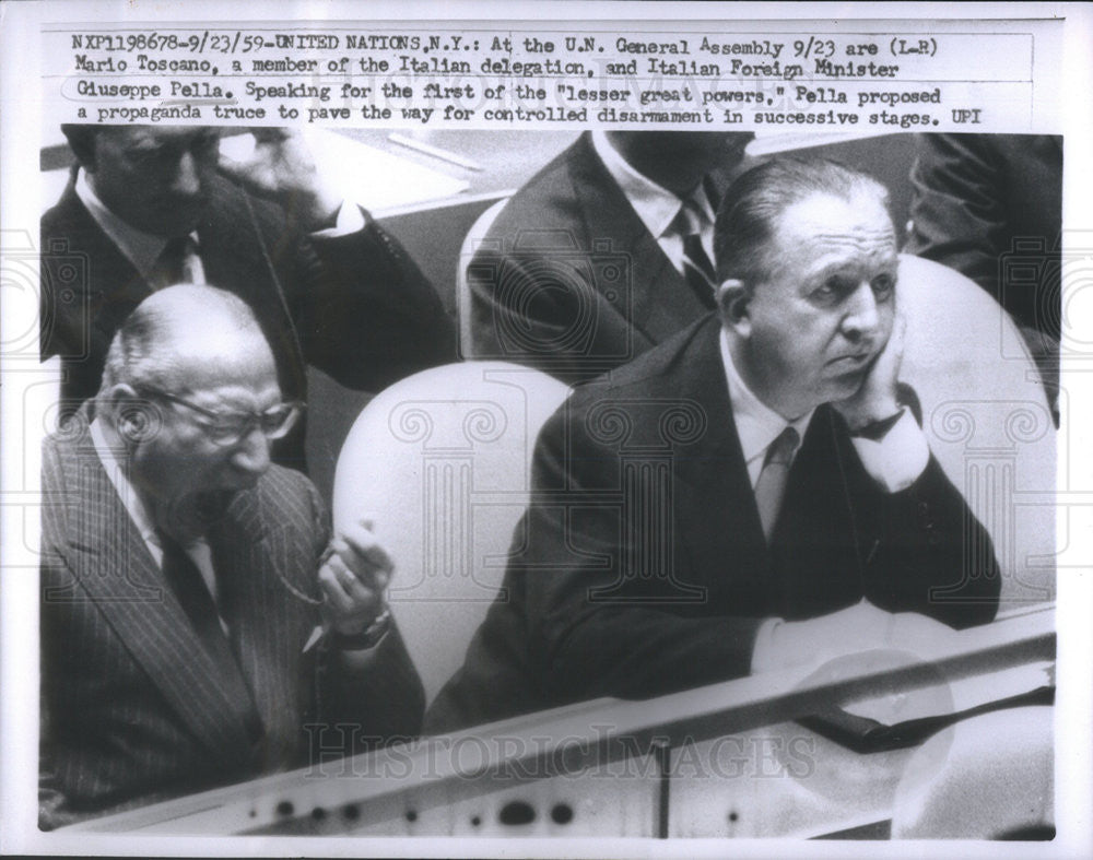 1959 Press Photo Mario Toscano Italian Delegate Giuseppe Pella Foreign Minister - Historic Images