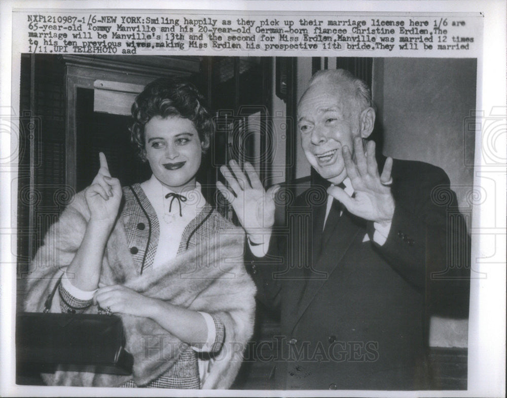 1960 Press Photo Tommy Manville and fiancee German Christine Erdlen - Historic Images