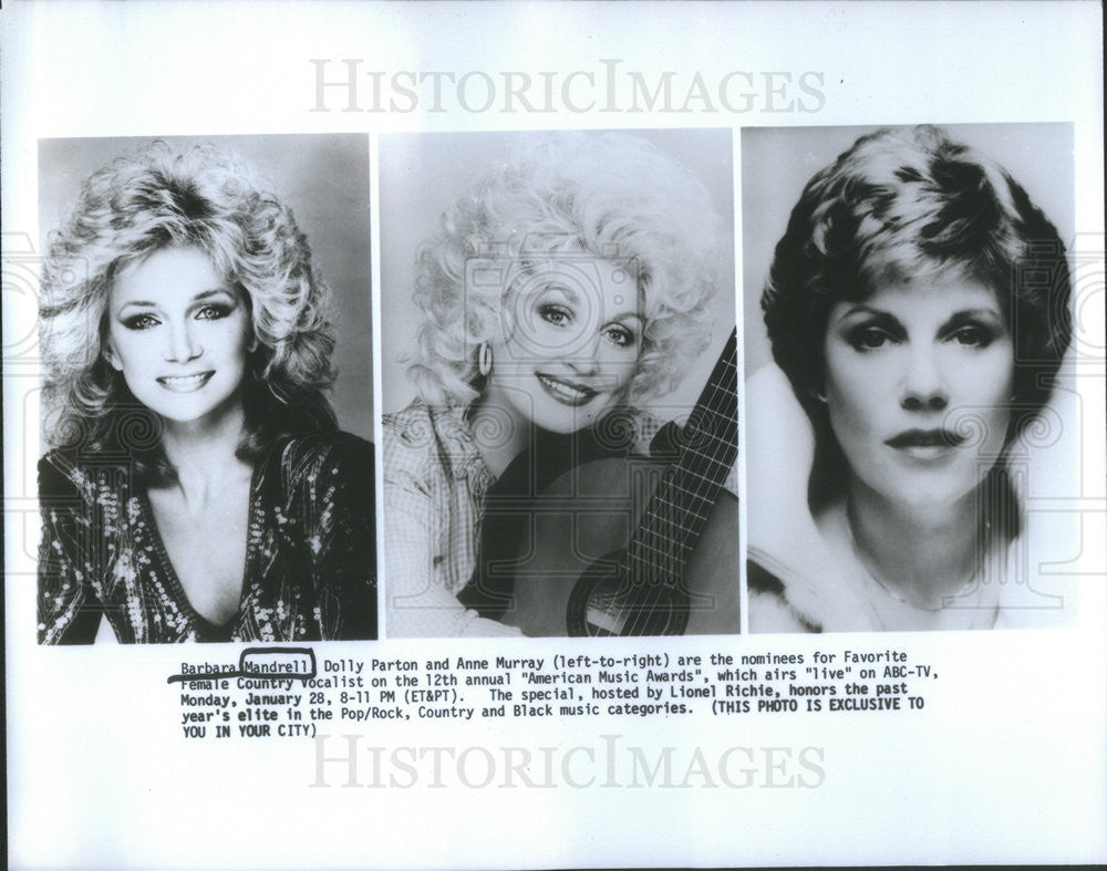 Undated Press Photo Country Music Stars Barbara Mandrell, Dolly Parton &amp; Anne Murray - Historic Images